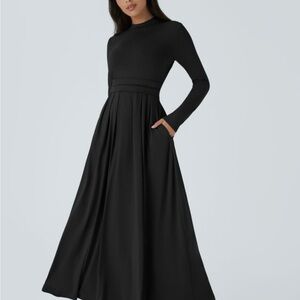 HALARA Classic Black Long Sleeve Dress Scoop neck Flare Maxi with Pockets
